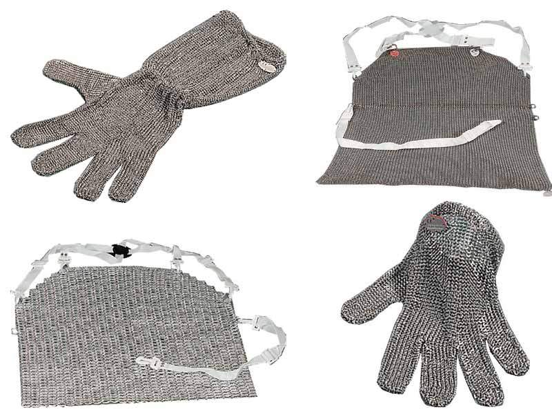 Dispositivi di protezione (guanti, grembiuli) in maglia di acciaio.