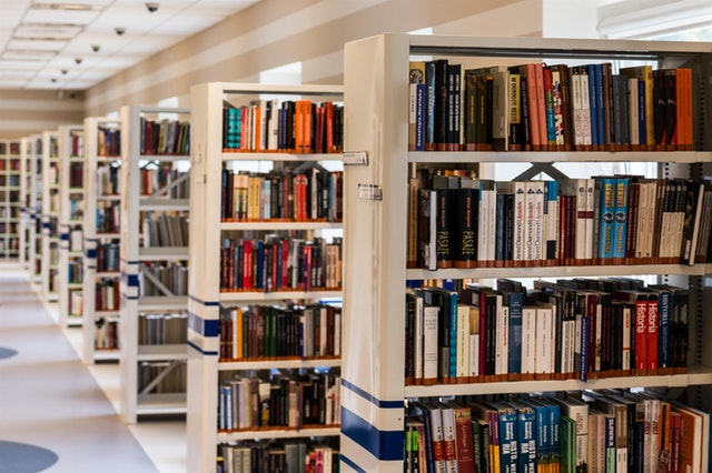 Scaffali colmi di libri in una biblioteca.